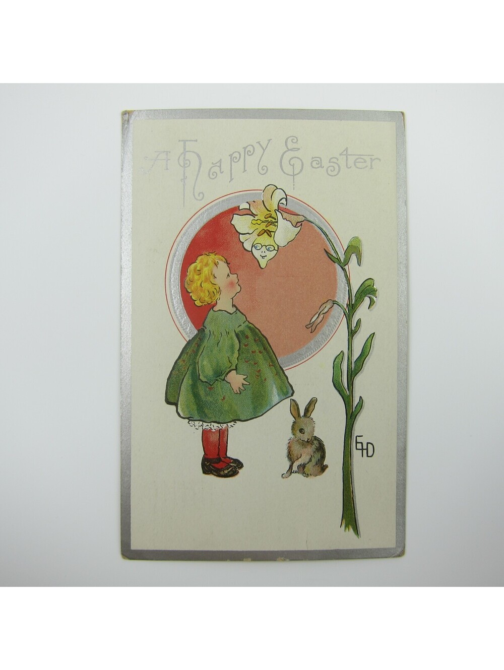 Easter Postcard Girl Rabbit Anthropomorphic Flower Silver Embossed Antique 1910